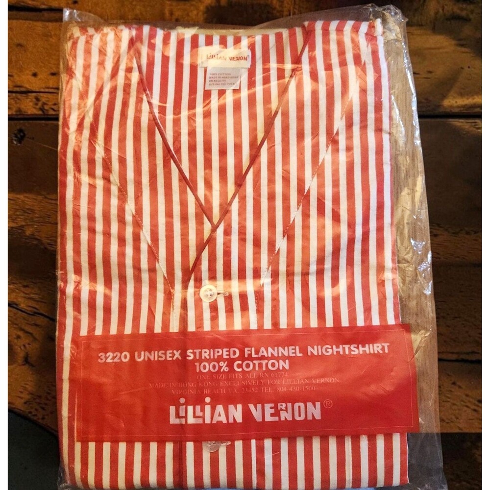 Vintage Lillian Vernon Flannel Nightshirt Red White Stripe Unisex One Size NOS